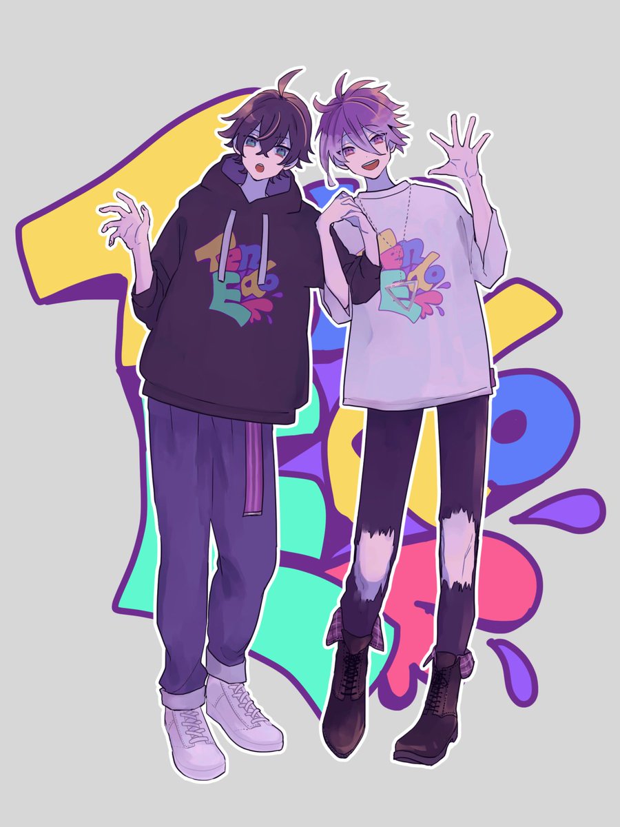 2boys multiple boys hood hoodie pants male focus shirt  illustration images