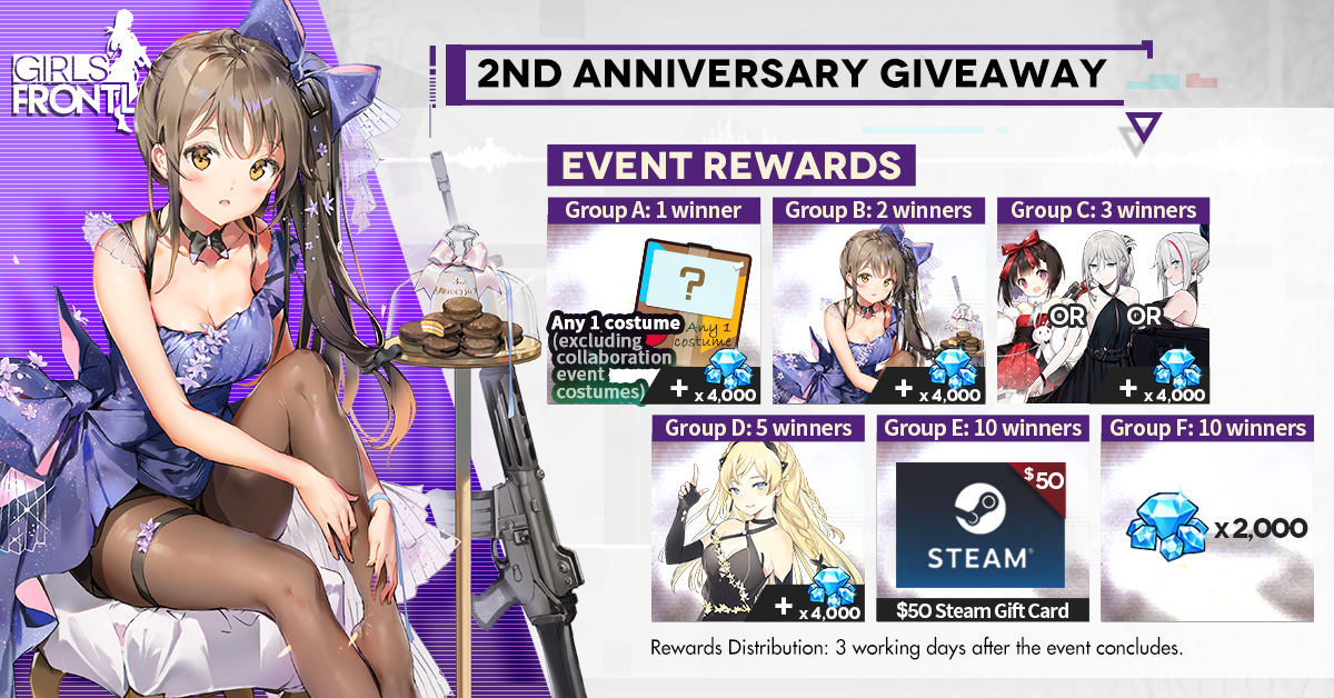 GirlsFrontlineE's tweet image. Dear Commanders,
Girls' Frontline EN has reached its 2nd Anniversary milestone and we are doing a special giveaway event to celebrate this occasion! Please refer to the pictures below for more details!
#GFL2Year