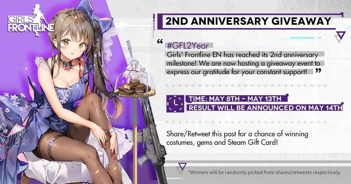 GirlsFrontlineE's tweet image. Dear Commanders,
Girls' Frontline EN has reached its 2nd Anniversary milestone and we are doing a special giveaway event to celebrate this occasion! Please refer to the pictures below for more details!
#GFL2Year