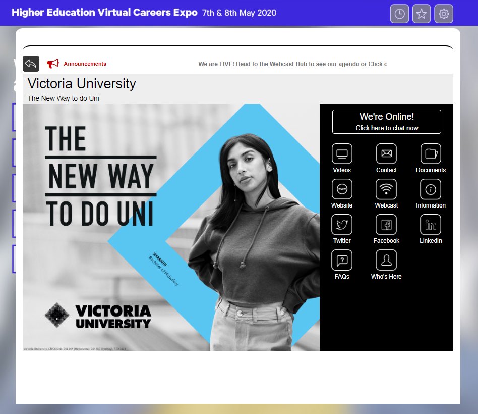 AlexLSims's tweet photo. @victoriauninews attended our first virtual careers expo today and spoke with hundreds of prospective students. #changinglives #victoriauniversity #stayathome #courseadvice https://t.co/a7JRuy4iz8