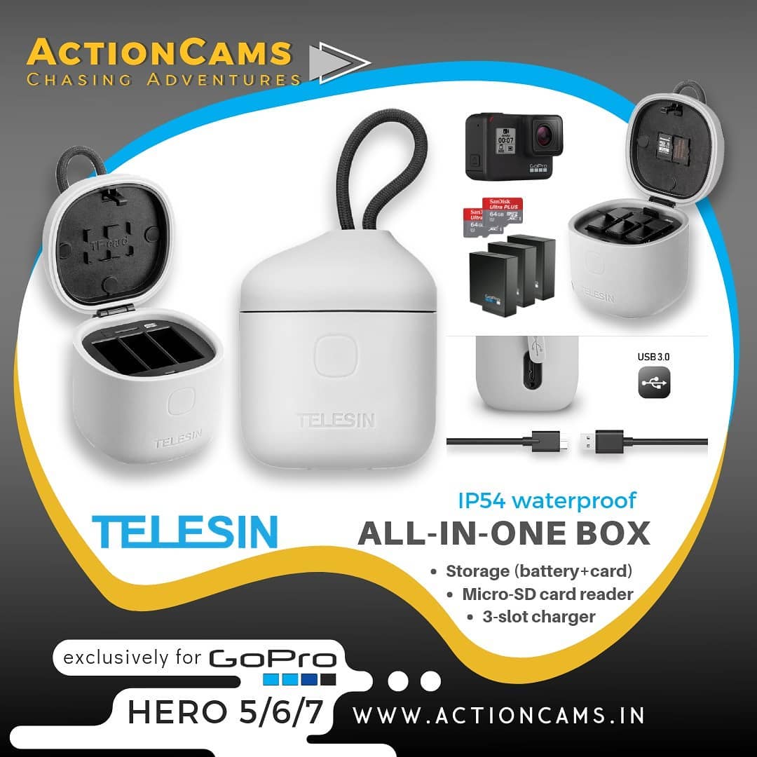actioncamsind's tweet photo. You can use ALLIN BOX as CHARGER to simultaneously charge 3 gopro batteries or use it as an SD Card Reader to read SD cards or simple use it as a STORAGE BOX to store 3 batteries and 3 SD cards.
Suitable for GoPro Hero 5/6/7
#actioncamsindia #chasingadventures #telesin #gopro https://t.co/wXLkJC0J5l