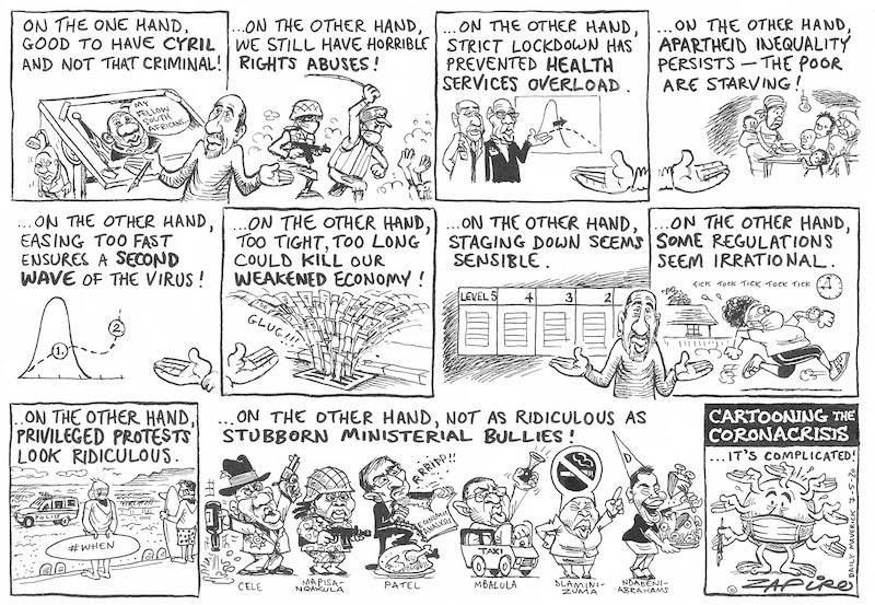 zapiro's tweet photo. Zapiro's cartoon @dailymaverick (7 May 2020) on Corona Contradictions #COVID19 #LockdownSA @CyrilRamaphosa @bhekicele_com @DlaminiZuma @MbalulaFikile @Stellarated @DrZweliMkhize - https://t.co/UkZVjSuT3e https://t.co/MswamTlrPI