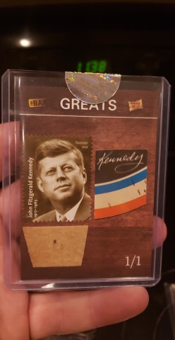 HughesDude's tweet photo. Got some pretty cool cards in this evening from Pieces of the Past. George McQuinn (Baseball: Browns/Yankees 1947 Champ) JSA cut auto and a JFK relic. Neat stuff! #Presidents #Hobby #CardCollecting #HugeHit #Autographs #History https://t.co/h4hPqtX9CC