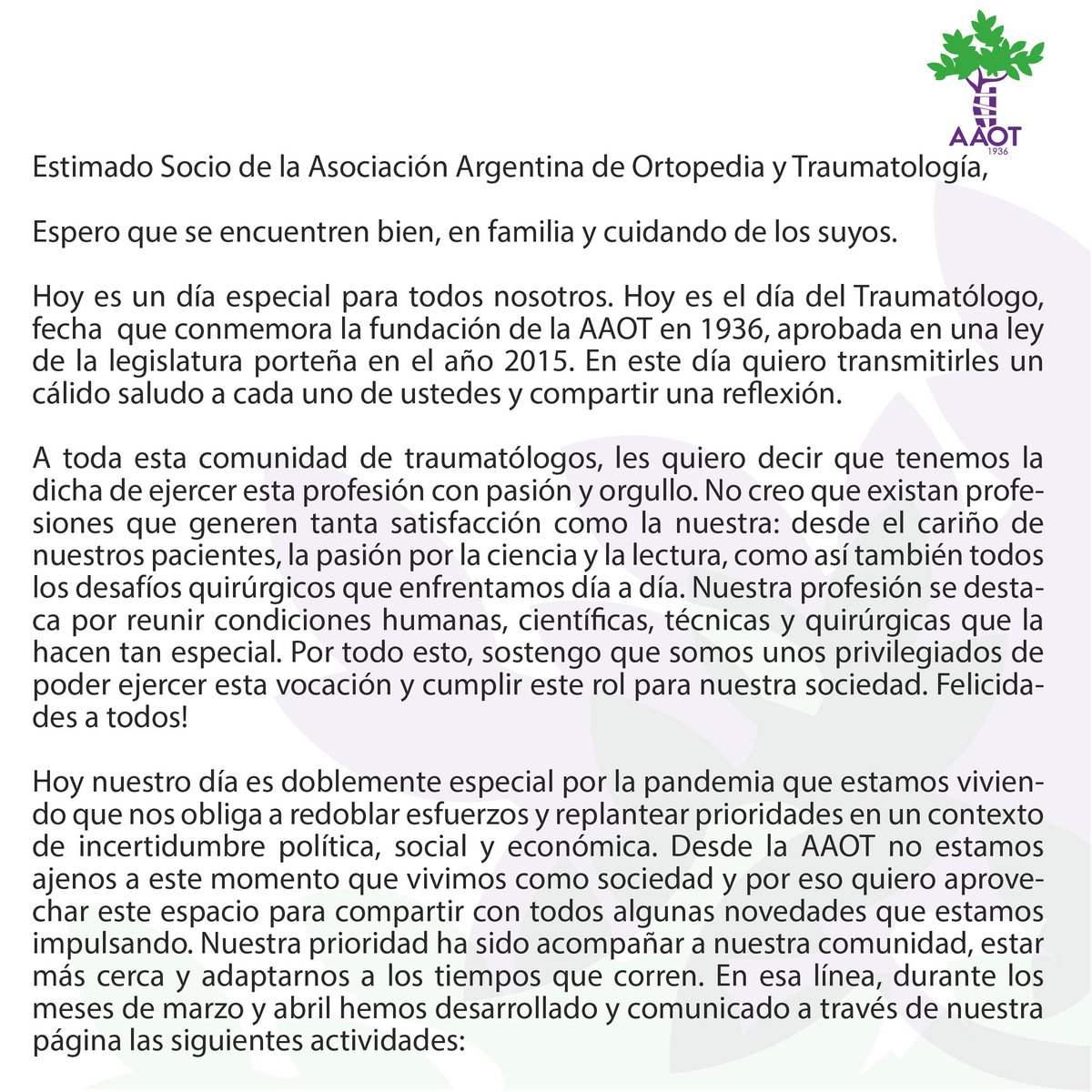 AAOTorg's tweet photo. 👉🙌En el #DíadelTraumatólogo Compartimos carta de nuestro Presidente Dr. Miguel A. Ayerza.
En este día quiero transmitirles un cálido saludo a cada uno de ustedes y compartir una reflexión. 📲Leerla aquí:
https://t.co/Z3GXBy1NoJ
#traumatología #ortopedia #AAOT #argentina🇦 https://t.co/cl9Teo5f5x