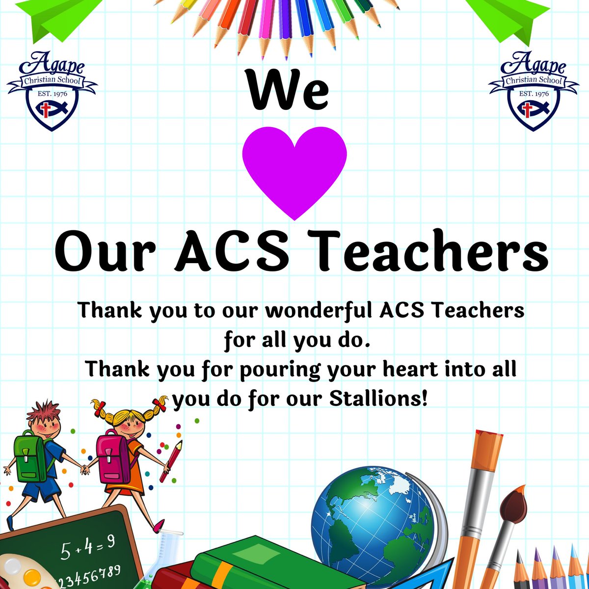 SchoolAgape's tweet photo. Thank you ACS Teachers &amp; Staff for always putting your heart &amp; soul into all you do each and every day.  Our Agape Stallions are blessed to have wonderful teachers who love what they do &amp; who love their students! 
#AgapeChristianSchoolMissionTX
#TeacherAppreciationWeek2020 https://t.co/kW3Dh0CEGY