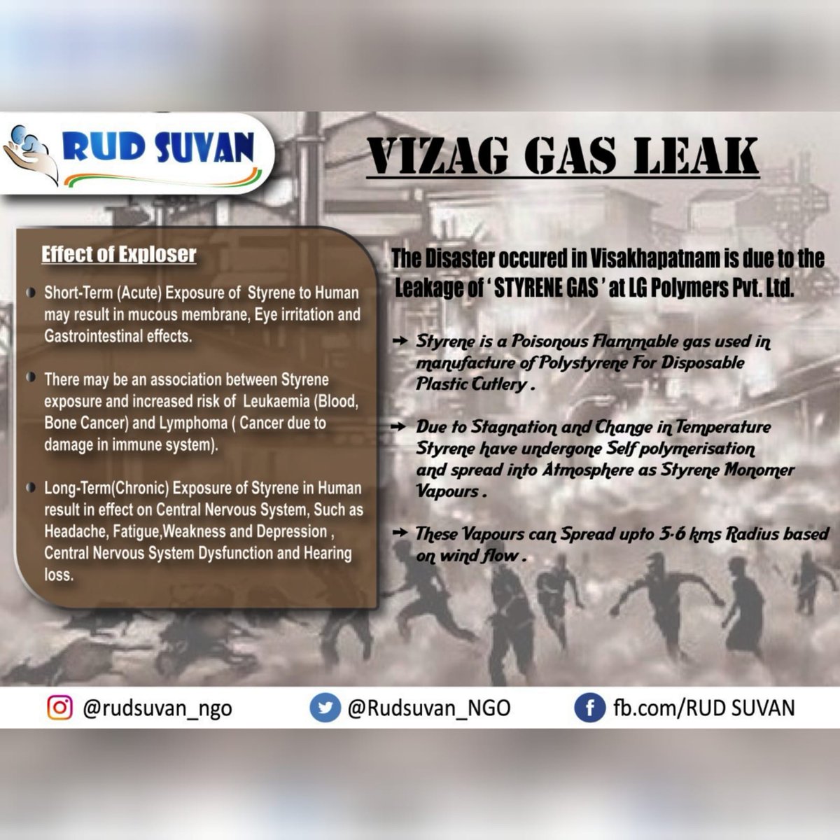 Rudsuvan_NGO's tweet photo. Our deepest condolences to the families who lost their lives and a speedy recovery who affected in that incident from #rudsuvanteam.Our team designed some precautions to create awareness.For help contact  Emergency108.@ysjagan @ncbn @PawanKalyan @NGOProtsahan
#PrayForVizagPeople https://t.co/daVgR4hJXj