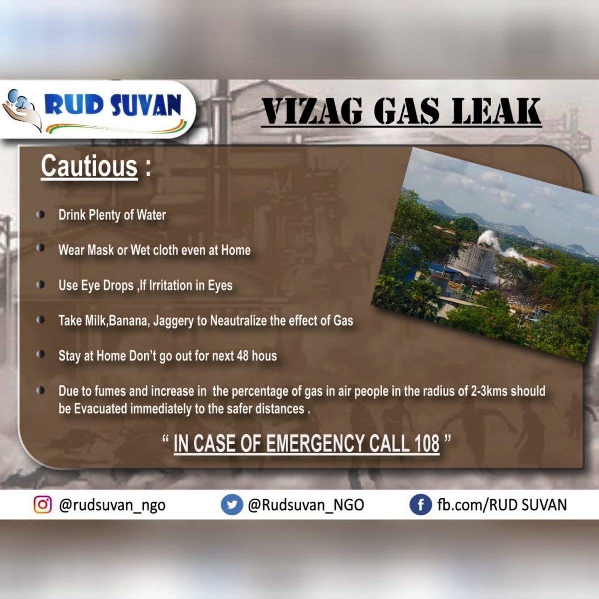 Rudsuvan_NGO's tweet photo. Our deepest condolences to the families who lost their lives and a speedy recovery who affected in that incident from #rudsuvanteam.Our team designed some precautions to create awareness.For help contact  Emergency108.@ysjagan @ncbn @PawanKalyan @NGOProtsahan
#PrayForVizagPeople https://t.co/daVgR4hJXj