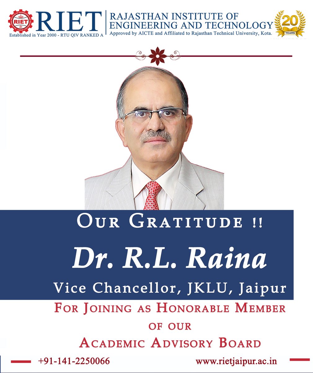 RIET_JAIPUR's tweet photo. We are glad to welcome Dr. Roshan Lal Raina, Vice Chancellor at JKLU, to our Academic Advisory Board. He was Professor, Communication, and Dean: Planning &amp; Development, IIM Lucknow where he taught a variety of courses in 'Communication for Management'. https://t.co/MAfYwPvhhj