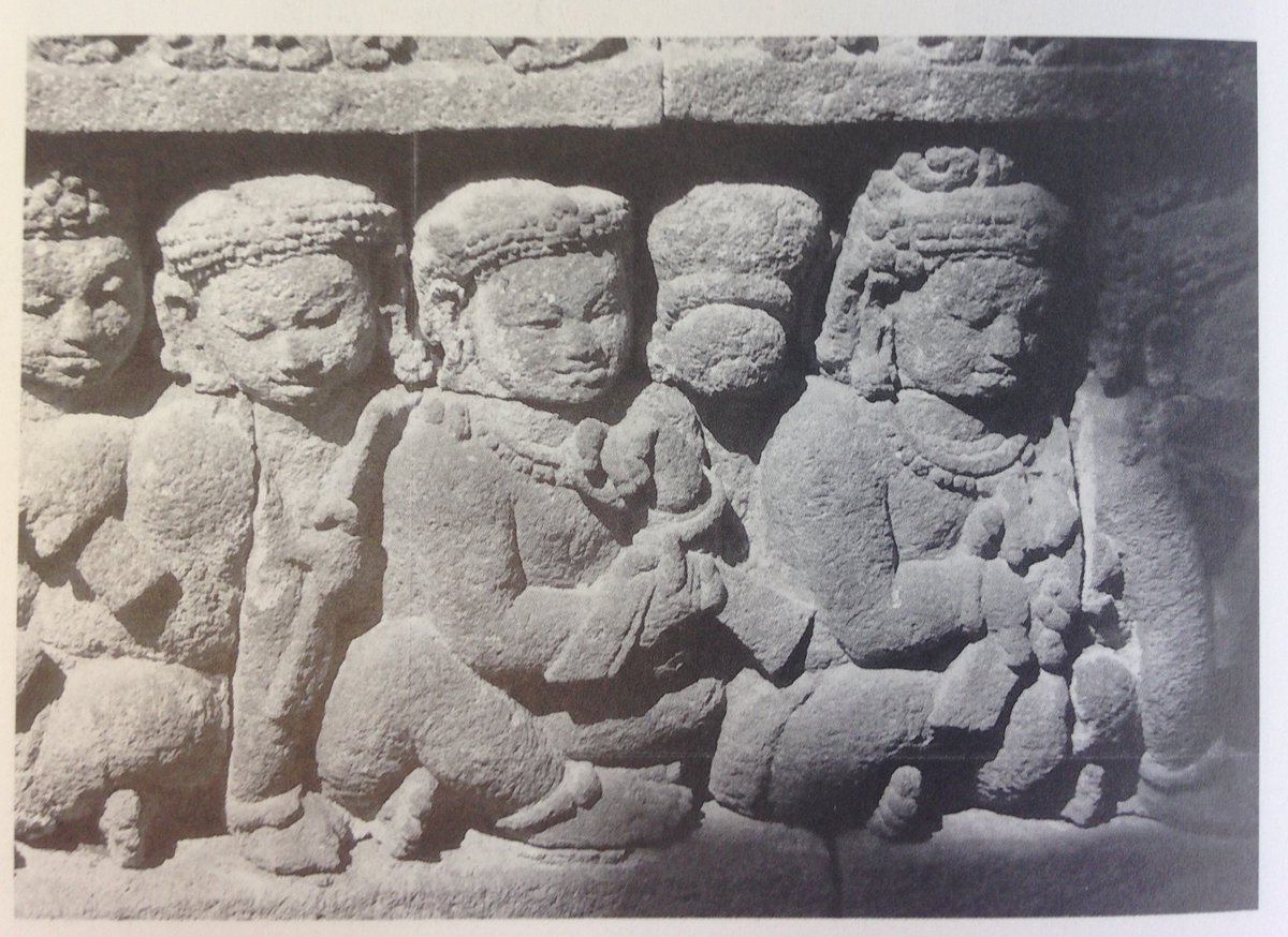 Temple reliefs contain a few depictions of written texts. These images from Borobudur (built circa 800) seem to show a rigid object much wider than tall, apparently crisscrossed with string (?). When individual sheets are held in the hand, they bend under gravity