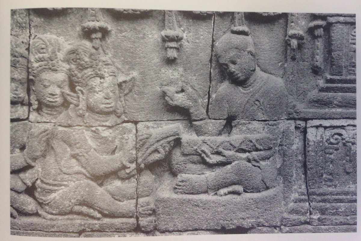 Temple reliefs contain a few depictions of written texts. These images from Borobudur (built circa 800) seem to show a rigid object much wider than tall, apparently crisscrossed with string (?). When individual sheets are held in the hand, they bend under gravity