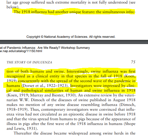 2/First, let's go all the way back to 1918 pandemic influenza."Interestingly, swine influenza was first recognized as a clinical entity in that species in the fall of 1918 concurrently with the spread of the second wave of the pandemic in humans."  https://twitter.com/sisu_sanity/status/1254349971404607489