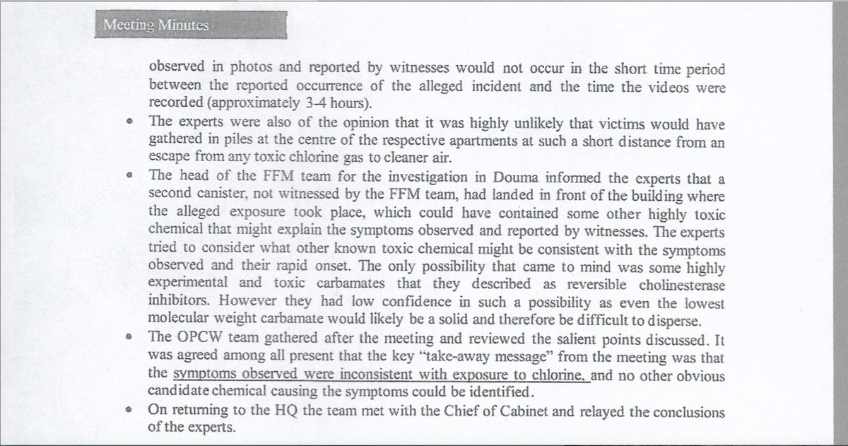 21) Consultations with 4 NATO chemical warfare toxicologists confirmed that the deceased were not killed by chlorine poisoning at location 2 :-  https://wikileaks.org/opcw-douma/document/actual_toxicology_meeting_redacted/