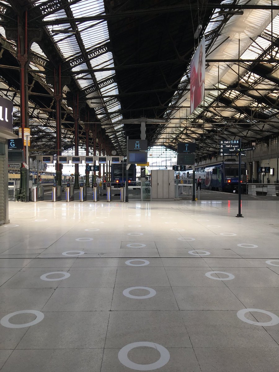 Gare de Lyon, un jour de confinement. En temps normal, plus de 100.000 personnes par jour passent par cet endroit. Désormais au sol, ces cercles permettront d’avoir des repères pour respecter la distanciation sociale...Prêts pour le #11mai ? #gestesbarrieres #Covid_19 <a href="/TF1LeJT/">Natalia Kowalski</a>