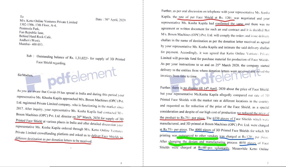 A thread. Even tax invoices (TI) sent to Ketto by  @BosonMachines (BM) look cooked up (to misuse public donations?). Boson Machines have multiple major inconsistencies in their official letter (OL), dated April 30, to Ketto. Multiple self-contradictory points by Boson Machines. \\1