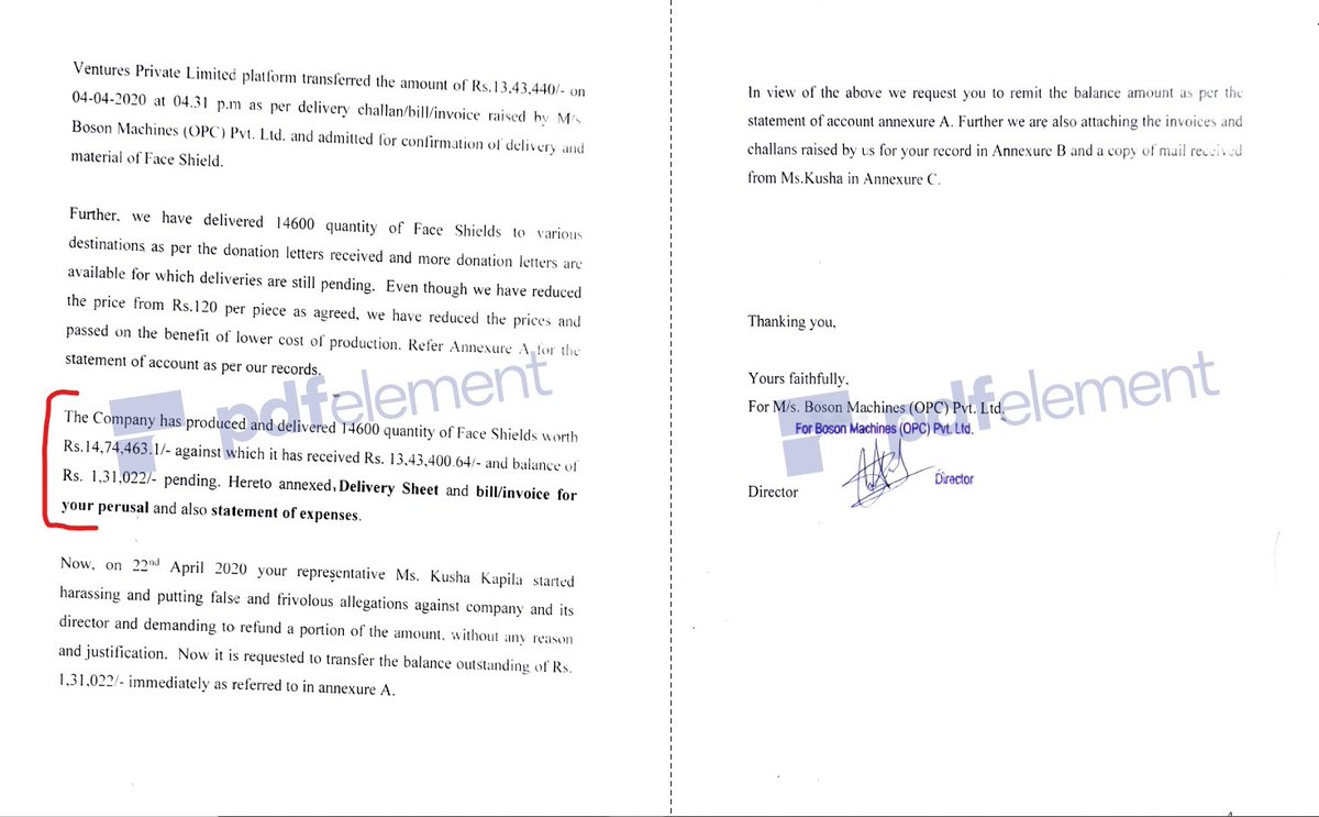 A thread. Even tax invoices (TI) sent to Ketto by  @BosonMachines (BM) look cooked up (to misuse public donations?). Boson Machines have multiple major inconsistencies in their official letter (OL), dated April 30, to Ketto. Multiple self-contradictory points by Boson Machines. \\1