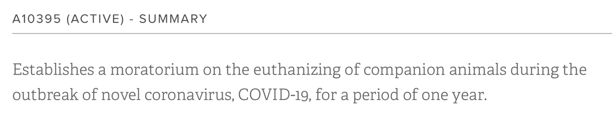A bill ending the killing of adoptable treatable animals in NY introduced by <a href="/assemblymanjoe/">Joe Lentol</a> Lentol for 1 year during #COVID19 outbreak.

Thank You Joe Lentol. Contact your NY Assembly Member and Let’s get this bill passed.  

#NoKill #NoKillNation

nysenate.gov/legislation/bi…