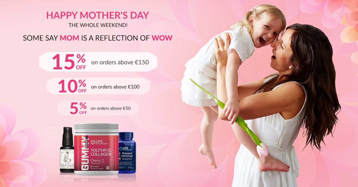 LifeExtensionEU's tweet image. Happy Mother's Day - the whole weekend!

Some say MOM is a reflection of WOW...

15% OFF on orders above €150
10% OFF on orders above €100
5% OFF on orders above €50

The offer is valid until 10.05.2020, 23:59 CET and only while stock is available.

bit.ly/2SG1Qse