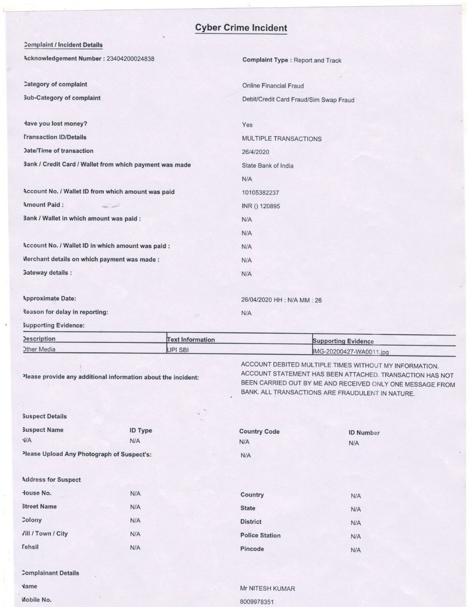 1982N's tweet photo. @TheOfficialSBI Supporting data &amp; information : Reminder-5 Recovery of money debited through fraud / unidentified person and regularization of my Bank account. https://t.co/RtDZAwWRdo