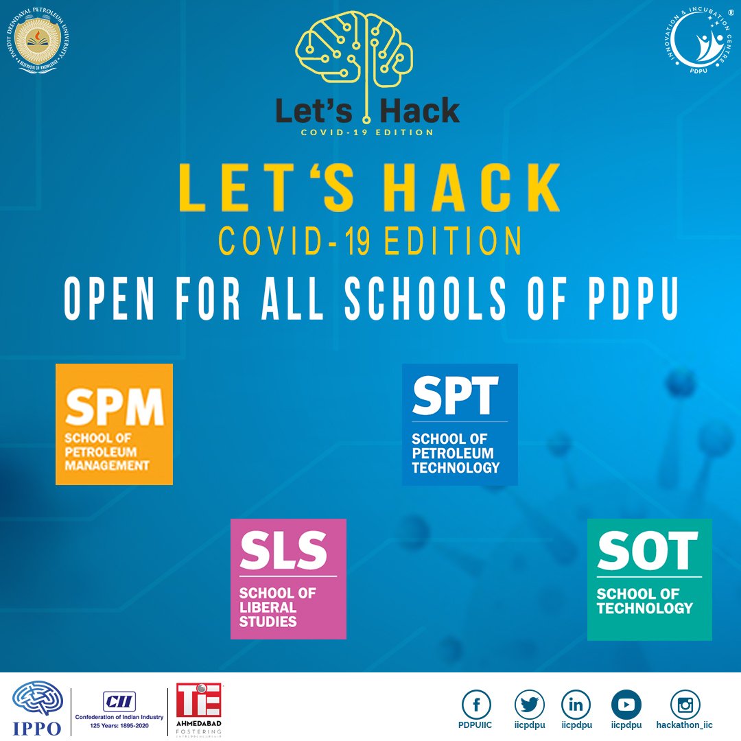 iicpdeu's tweet photo. PDPU and PDPU IIC are glad to inform you that students from all schools of our university can participate in let's Hack Covid-19!
Stay safe,
Stay home,
Stay connected!
#hackthecrisis #hackitup
#hackathon2020
#letshackcovid19edition #letshack#hackdown2020 #letshackcovid19 https://t.co/PCCGZuIlPV