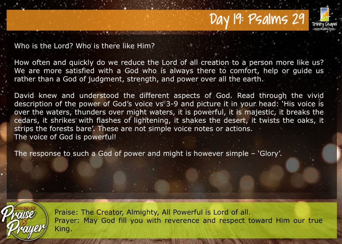tcruiru's tweet photo. The voice of the Lord is powerful; the voice of the Lord is full of majesty. Listen to His voice.

#PrayerAndPraise
#Psalm29
#DayNineteen https://t.co/lzfkBodSVb
