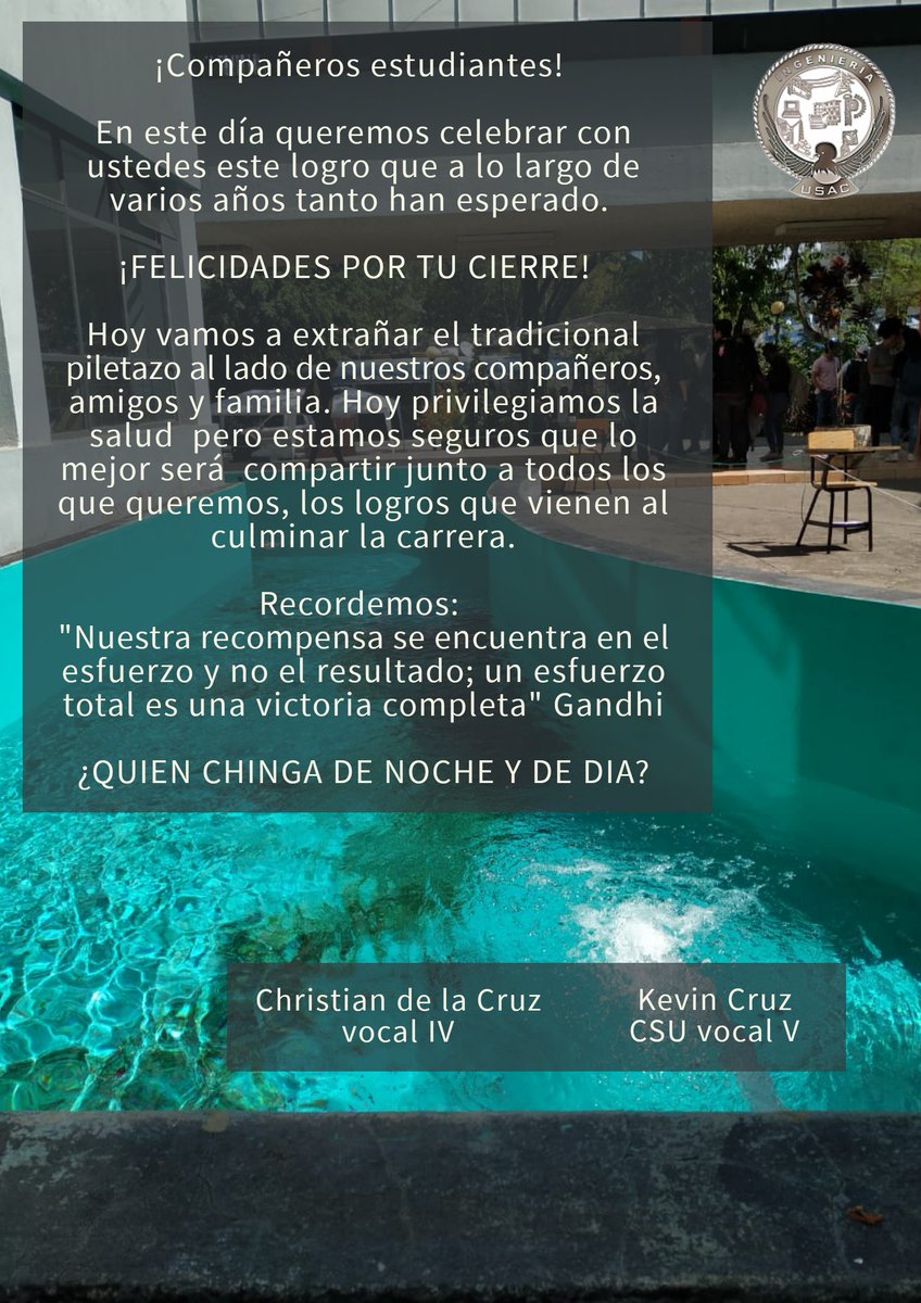 KevinVladimirCL's tweet photo. #FIUSAC
#CierrePrimerSemestre2020
#VocalIVChristiandelaCruz
#CSUVocalVKevinCruz
Estimados amigos buenos días hoy los queremos felicitar por esos años de esfuerzo y de lucha, un abrazo grande para todos Dios bendiga sus sueños y metas! https://t.co/Wunl6f3uZ7