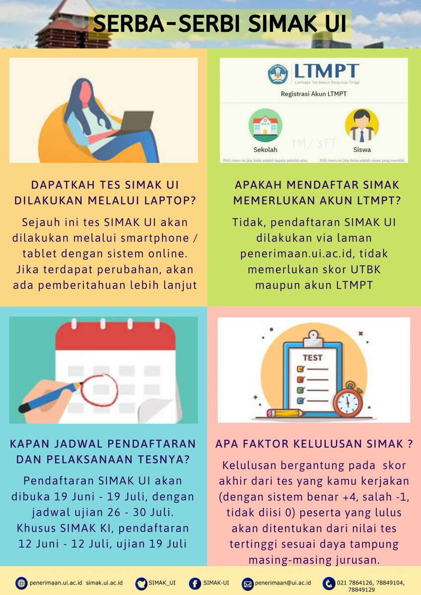 SIMAK_UI's tweet photo. Beberapa tanya jawab terkait pelaksanaan SIMAK UI.
Segala detail pesyaratan, &amp; tatacara pelaksanaan ujian SIMAK UI, akan diumumkan lebih lanjut pada pembukaan pendaftaran Juni-Juli mendatang.
Informasi lebih lanjut, cek https://t.co/Qn8hNqpSUE https://t.co/w4iMEPCqms