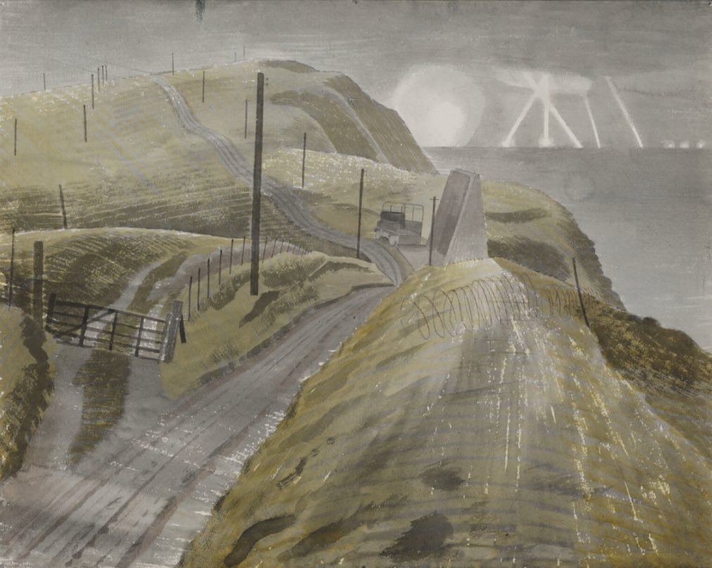 Ravilious was then given an Honorary Commission in the Royal Marines and was appointed an Official War Artist. In 1940/41 he did a lot of work in  #Kent &  #Sussex. This was entitled Bombing the Channel Ports (1941) and shows a Sound Mirror in  #Kent. Original in  @I_W_M collection.