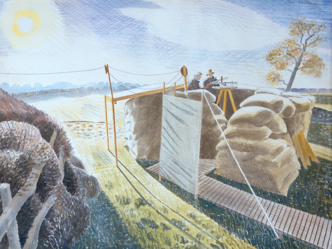 At the beginning of  #WW2 Eric Ravilious joined the Royal Observer Corps whose job it was to spot for enemy planes & had a vital role in the Battle of Britain. He painted this Observer’s Post in 1939. Original in  @higginsbedford collection.