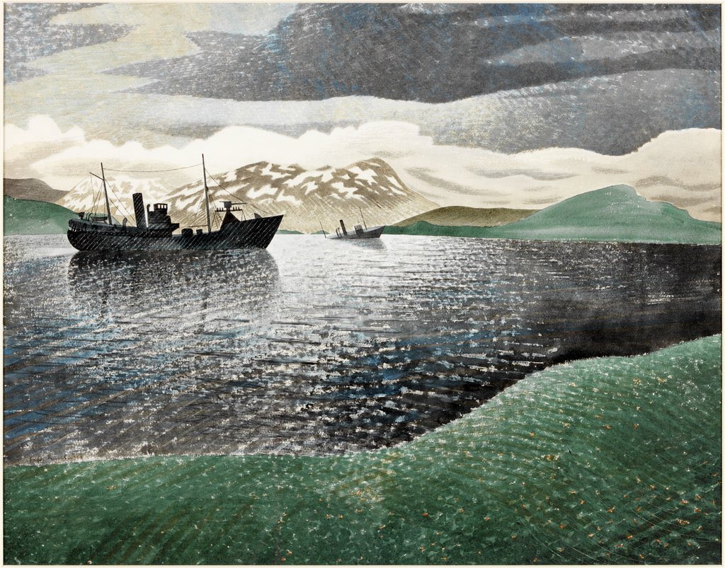 Ravilious also went with the Royal Navy to Norway in April 1940 and produced some amazing work like this: Norway (1941). The original is in  @LaingArtGallery collection.