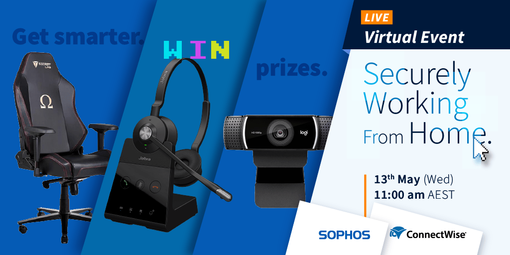 bluechip_it's tweet photo. Upgrade your gear: AWESOME PRIZES at – [LIVE Virtual Event] Securely Working from Home with Sophos &amp; ConnectWise.

The business environment has changed. Has your business plan? Register and WIN awesome prizes!

https://t.co/sWd8DPxHfg

#BCIT #SOPHOS #ConnectWise #LiveVirtualEvent https://t.co/EpIpoEmviC