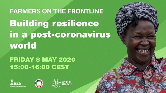 IFAD's tweet photo. Join us today at 15.00 CEST for a virtual discussion: 

Farmers on the Frontline - Building resilience in a post-Coronavirus world

Ask questions to the panellists with #IFADpostCOVID19

More details and webcast ➡️https://t.co/1QuHIj1cS1 https://t.co/XmyeQizEGo