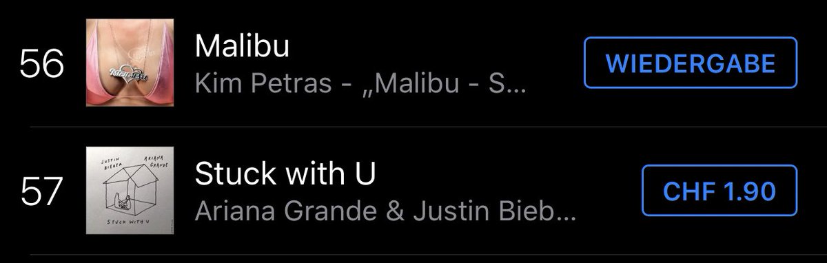 DDCosta22's tweet photo. Stuck with U and malibu so close together in the itunes swiss pop charts, love to see it💕🐩 @kimpetras @ArianaGrande @justinbieber #StuckWithUTonight #Malibu https://t.co/rNpoM9WeBH