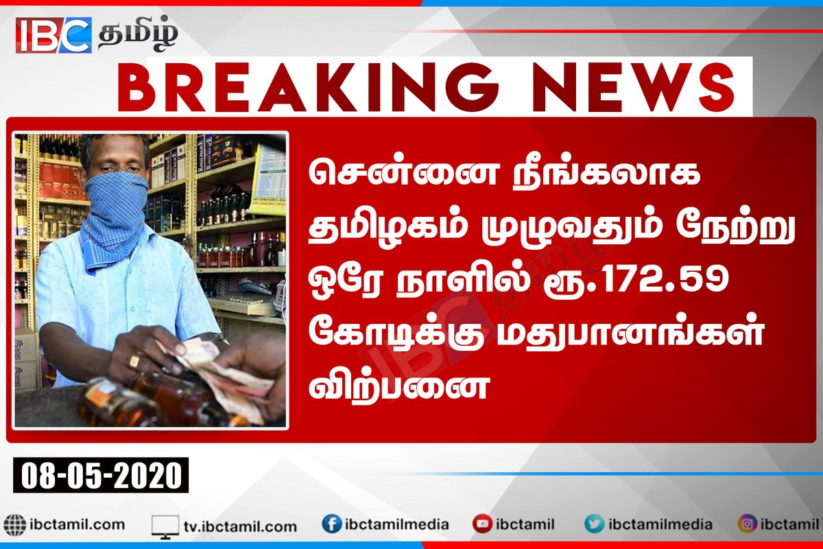 ibctamilmedia's tweet photo. #JUSTIN சென்னை நீங்கலாக தமிழகம் முழுவதும் நேற்று ஒரே நாளில் ரூ.172.59 கோடிக்கு மதுபானங்கள் விற்பனை 

#Lockdown3 | #TASMAC | #TNLockdown | #TamilNadu https://t.co/3NOqwG2aWX