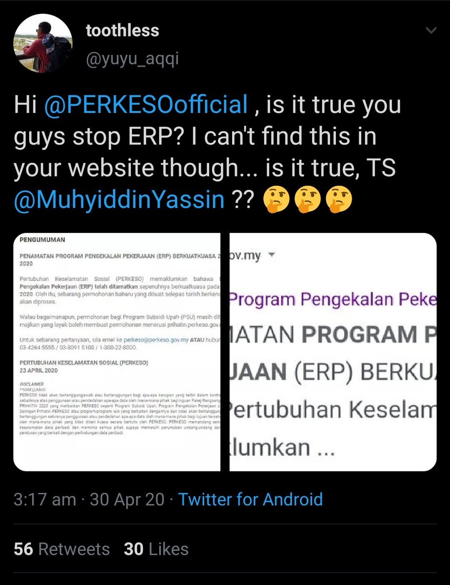 Pada 22 April, PERKESO kata mereka kekurangan dana lalu henti permohonan baru ERP. Orang ini mula bertanya kpd Twitter Rasmi Perkeso utk kepastian.