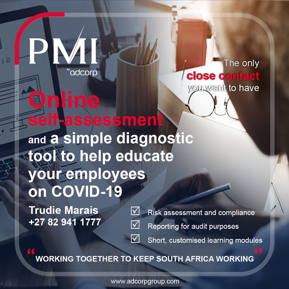 AdcorpGroup's tweet photo. Are you ready to #fightCovid19? PMI's online assessment solutions help employers rapidly assess their employees' knowledge using an online self-assessment.
#workplacesolutions #Adcorptraining #covid19sa #onlineassessments #selfassessment https://t.co/mwGsrnTo5m