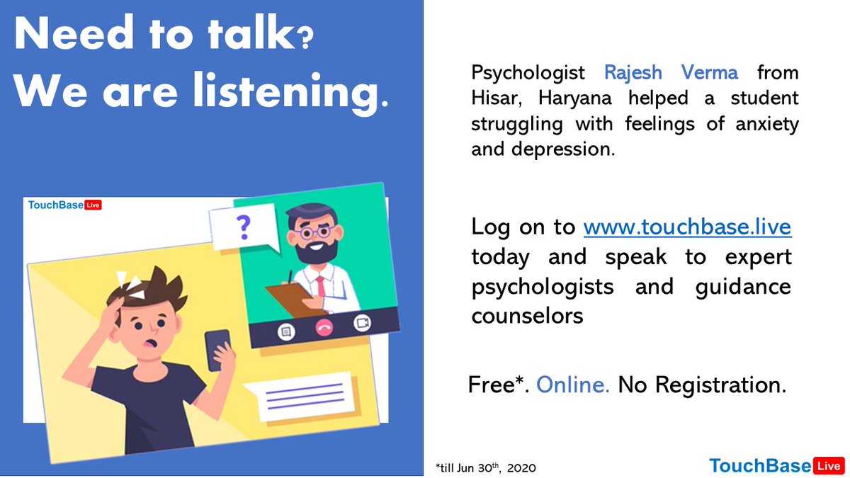 TouchbaseL's tweet photo. We thank psychologist Rajesh Verma for his time and efforts.

Many psychologists are offering free counseling on https://t.co/FYSUeoyeQ8, to help people get through these trying times.

#HealthyFromHome #TechForGood #RemoteCounseling #FreeCounseling https://t.co/56B9TnKs53