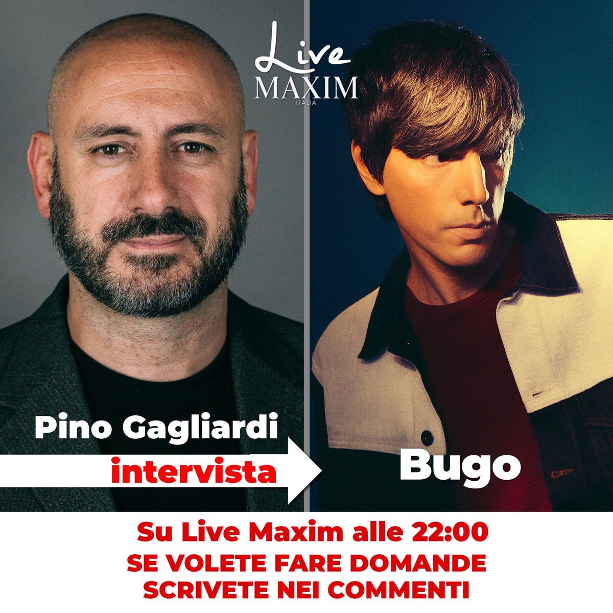 thepinuzz's tweet photo. Bugo sarà ospite questa sera 8 maggio di #LiveMaxim alle 22.00 sul profilo #Instagram di @MaximItalia #iorestoacasa @BugattiCristian https://t.co/vfC6RPFrya
