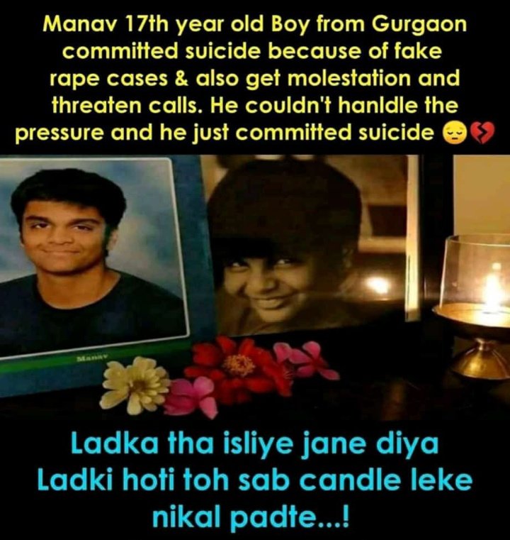 Shwetankverma6's tweet image. Manav 17th year old boy from Gurgaon committed suicide because of fake rape case &amp;amp;also get molestation and threaton calls. He couldn&apos;t handle the pressure and just committed suicide..
#RIPManavsingh
