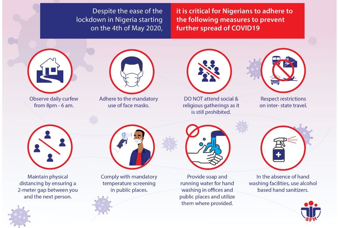 The lockdown has been eased in major cities however, new cases are still being recorded. To flatten the #COVID19 curve in Nigeria, everyone must #TakeResponsibility to obey the measures outlined by the government authorities.

Don’t know these measures? Here’s your reminder 👇🏽