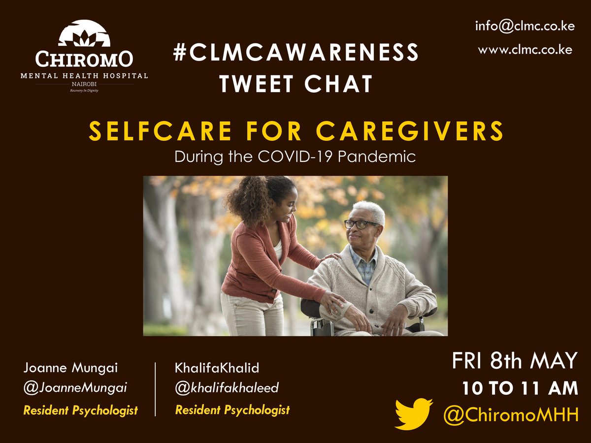 ChiromoHospGrp's tweet photo. Good Morning and welcome to #CLMCAwareness Tweet Chat. Today we'll be talking about Self Care for Caregivers. 

On our panel today is @JoanneMungai and @khalifahkhaleed !

Let's get started!

#MyMentalHealthFirst https://t.co/ptETP4TFFn