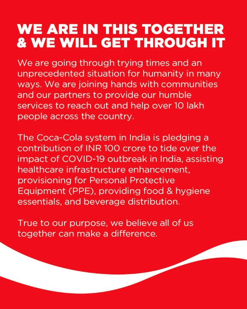 Proud of <a href="/CocaCola_Ind/">Coca-Cola India</a>'s commitment to support communities impacted by the #COVID19 outbreak, assist with healthcare infrastructure enhancement and provide PPE to healthcare workers.

coca-colaindia.com/newsroom/press…