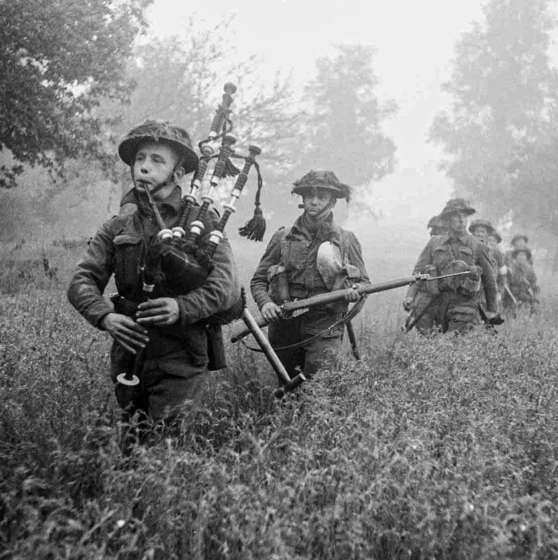 On this day 75 years ago: Victory in Europe was achieved by the Allied Forces in World War 2. Over 57,000 Scots lost their lives during the conflict. We will remember them. Pictured are men of 7th Seaforth Highlanders in 1944, advancing near Caen in France. #VEDay