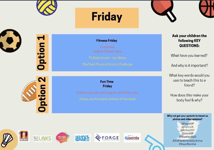 LinksSSP's tweet photo. What is it for you today? #FitnessFriday or #FuntimeFriday ? However you choose to be active today don’t forget to share your pics with us! There are some fab ideas on our #ActiveTimetable #SheffieldSchoolsGetActive @movemoresheff #StayInWorkOut https://t.co/wroO76ZcQF