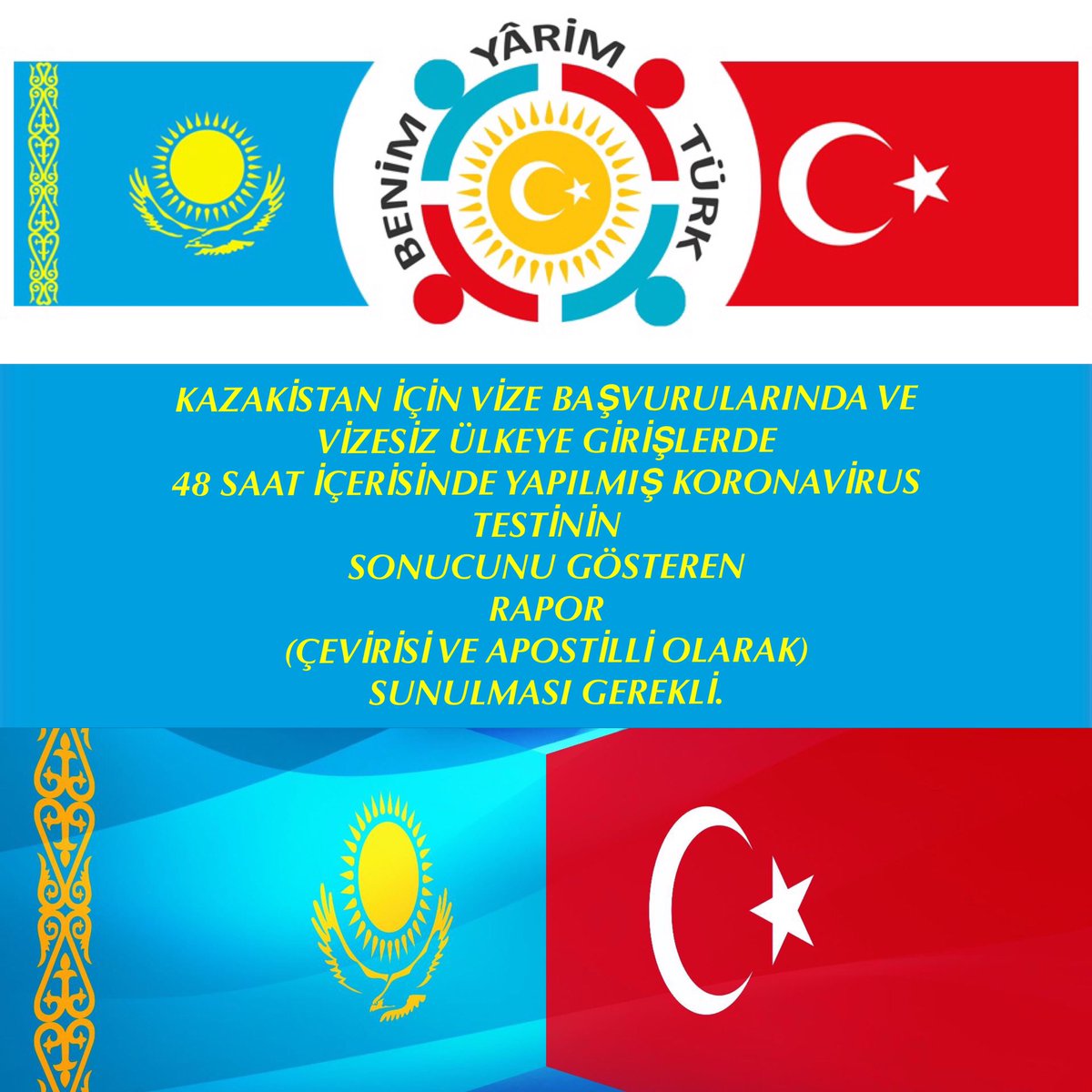 RGSerdar's tweet photo. KAZAKİSTAN İÇİN VİZE BAŞVURULARINDA VE VİZESİZ ÜLKEYE GİRİŞLERDE 48 SAAT İÇERİSİNDE YAPILMIŞ KORONAVİRUS TESTİNİN SONUCUNU GÖSTEREN RAPOR(ÇEVİRİSİ VE APOSTİLLİ OLARAK) SUNULMASI GEREKLİ
#vizesiz #vize #apostil #virüstesti #kazakistan #türkiye #almaty #nursultan #bytclub #byt https://t.co/aVjLRbOYzz