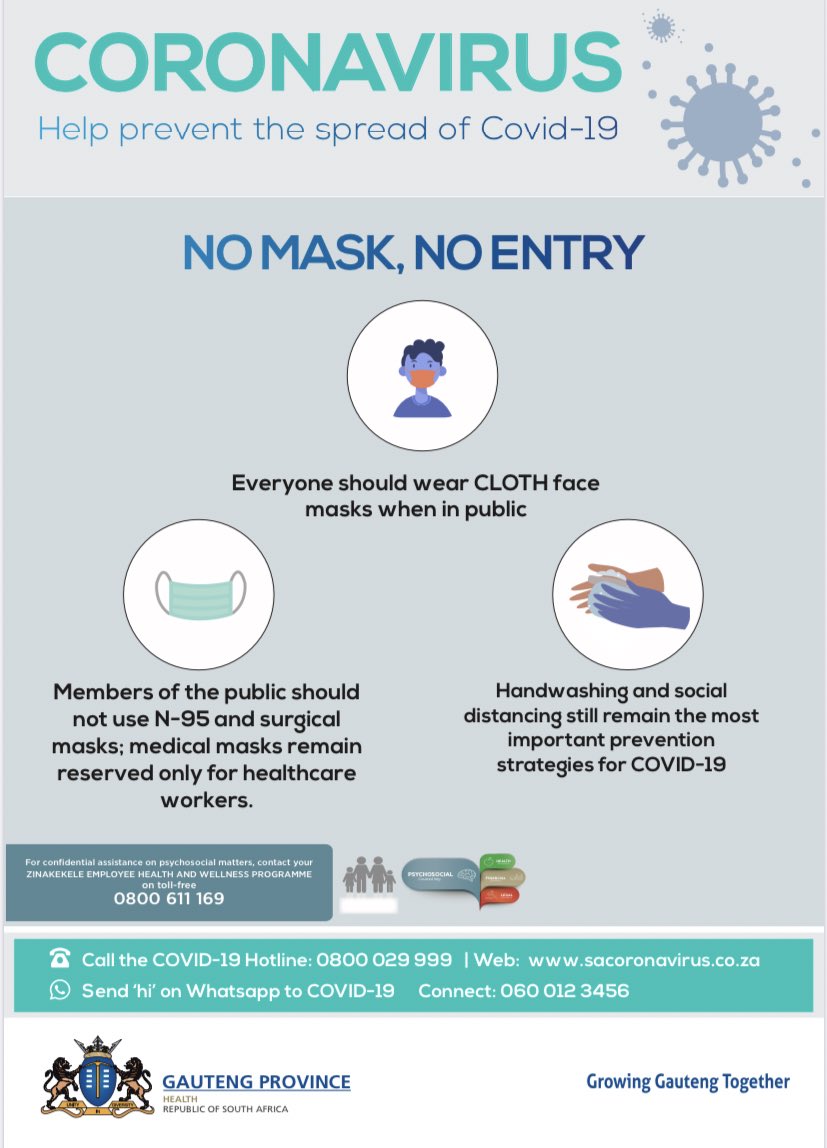 GautengHealth's tweet photo. #Day42ofLockdown | Good morning South Africa!! Remember to wear a mask 😷 at all our facilities. NO MASK, NO ENTRY⛔️ #GautengCOVID19 https://t.co/50uFnBRXr1