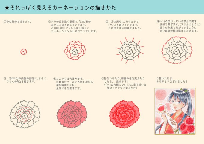 明後日は母の日!
ということで、自己流ですが「それっぽく見えるカーネーションの描きかた」をまとめてみたので載せます!

*この描きかただと上から見た図になるので、「複数並べて花束に」「背景の柄にする」といった使い方がおすすめです! 