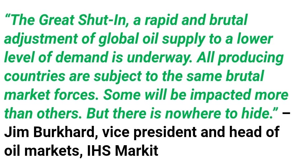 SHUT-IN MONITOR: Consultant IHS Markit forecasts 17m b/d total liquids output (including nearly 14m b/d of crude oil production) to be cut globally during April-June 2020. It's the "largest shut-in in the history of the oil industry." | #OOTT