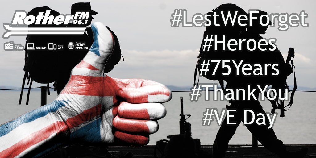 RotherFM's tweet photo. Remembering 75 years ago today, our heroes!  Happy VE Day! Whatever you have got planned, stay safe and keep Rother FM by your side 🥳🎉🇬🇧

📻 96.1 FM
💻 https://t.co/clBhtrYuwr
📱 Rother FM in the App Store
🔊 "Play Rother FM" https://t.co/5Su0WxnXH5