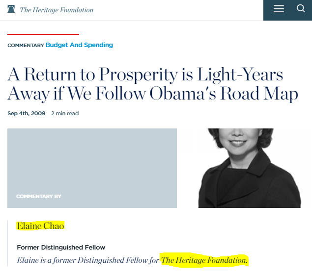 8/"Chao was Labor Secretary for the entirety of George W. Bush’s tenure. She is a distinguished fellow at the conservative Heritage Foundation think tank. Her father, who fled China for Taiwan after the Communist Revolution, founded NY-based Foremost Group, a shipping company."