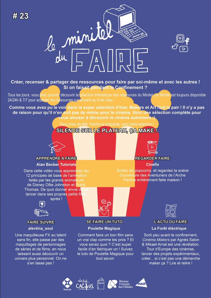 ⌨️ Sélection du Minitel du Faire #23 : Silence, ça make ! 📽

💡 <a href="/alanthebecker/">Alan Becker</a>
🎥 <a href="/CineFixNetwork/">CineFix</a>
🛠 <a href="/poulettemagique/">Cécile Boyer</a>
🎮 Alevtina Soul
📰 <a href="/ForetElectrique/">La Forêt Électrique</a> <a href="/tourdescinemas/">Tour des cinémas</a>

miniteldufaire.glideapp.io

#mouvementmaker #fablab #coronavirus #confinement #art #movie #cinema